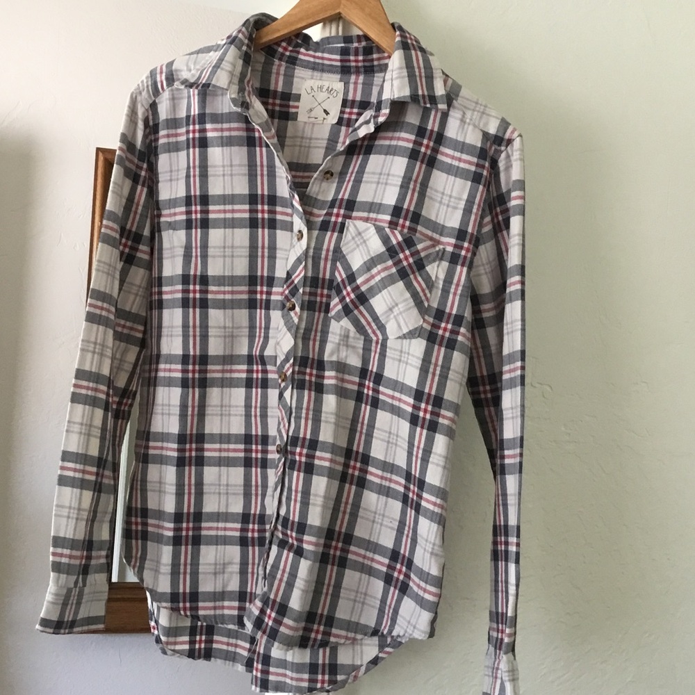 LA Hearts White, Navy & Red Plaid Button-Down Shirt